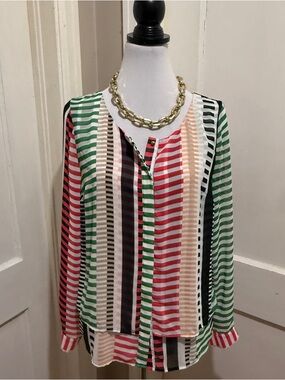 Worthington Striped Multicolor Button-Front Long Sleeve Top